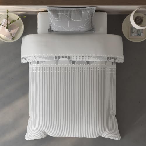 Image of Spaces Fiora Geometric Single Bedsheet with 1 Pillow Covers | 100% Cotton Bed Sheet | Percale Bedding Set | Super Soft & Breathable Bedsheet | Light Grey | 152 x 228 Cm