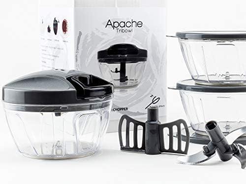 Tribowl Apache, Manual Hand Powered Food chopper, Pull String Mincer Processor, Pull Cord Crank Chop for Quick Salsa, Veggie, Onion, Garlic, Meat, Nut and Vegetable Salad - 2 cup per bowl capacity
