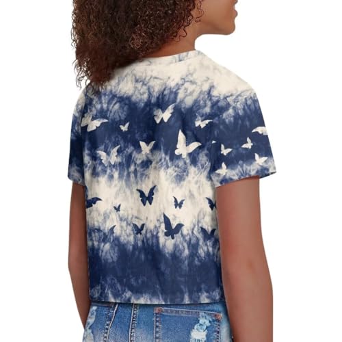 Image of Butterfly Print Girls Cropped Tshirt Size 11-12 Elegant Short Sleeve Top for Summer Oversize Shirts for Party Travel Crew Neck Blouses for Girls Tees 2024 Gift for Daughter, Medium