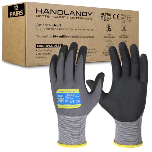 Image of HANDLANDY 6 Pairs Safety Work Gloves with MicroFoam Nitrile Coated - Breathable Nylon Gloves with Grip for Men & Women