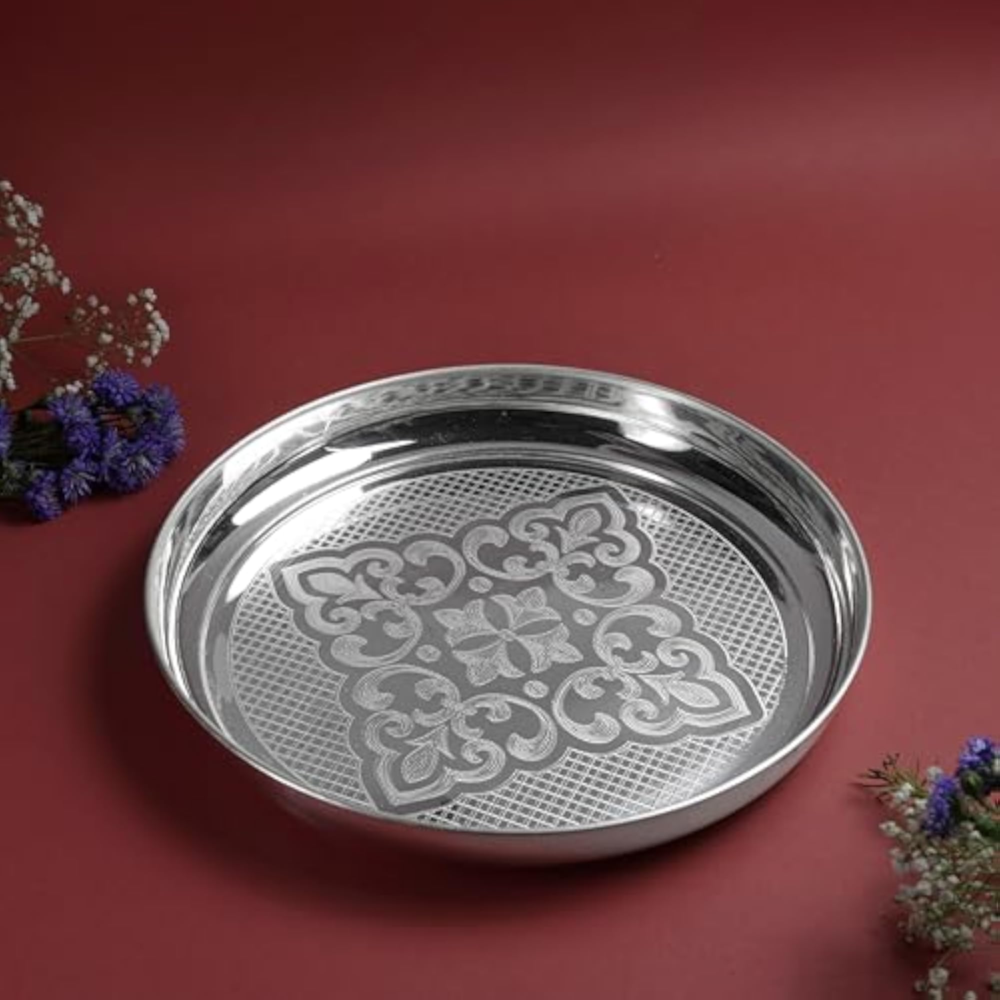 Silver Finish Etching Halwa Plate for Pooja & Serving