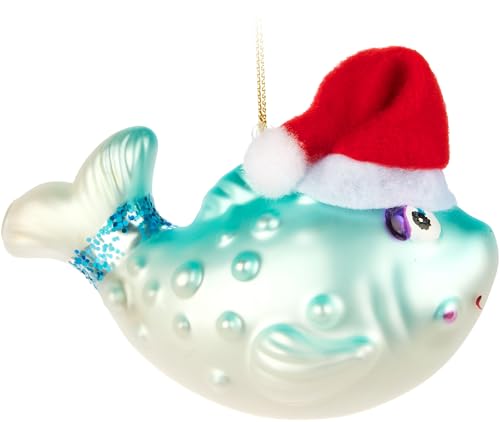 BRUBAKER Fish with Santa Hat - Hand-Painted Glass Christmas Bauble - Lovely Blue Puffer Fish - Mouth-Blown Christmas Tree Ornament Figure - Funny Decoration Pendant - Bauble 4.3 inches (11 cm)