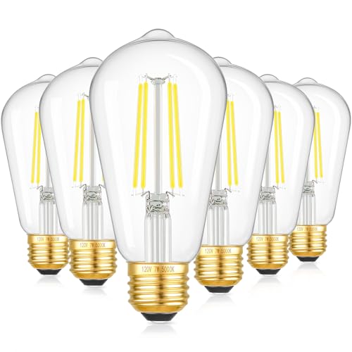 Image of 6-Pack 7W Dimmable LED Light Bulbs, 60Watt Equivalent Edison Bulbs, 850LM Ultra Bright LED Bulbs, 5000K Daylight White, ST58 Vintage Antique Bulbs, E26 Medium Base, CRI90+, Clear Glass, No-Flicker