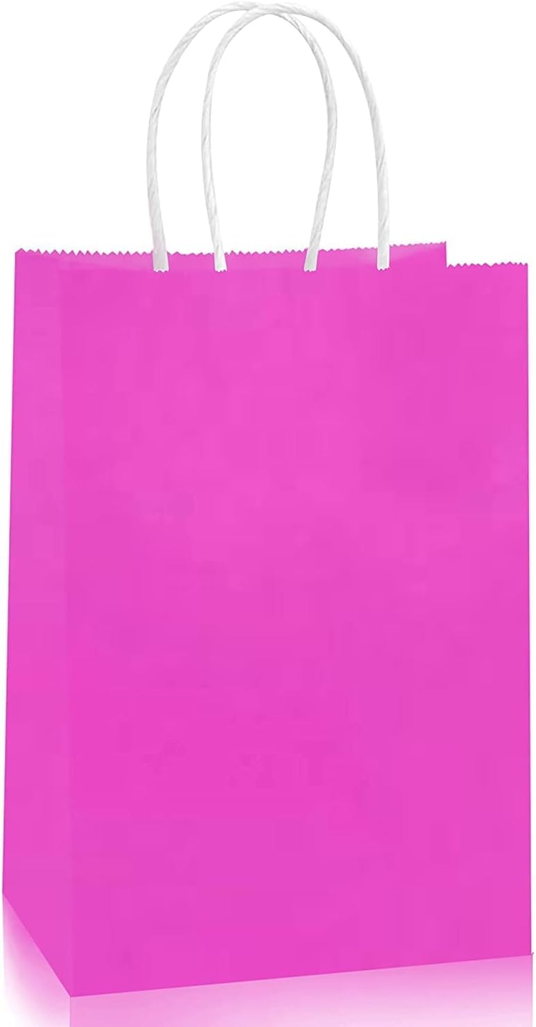 MARKQ [Pack of 24] Pink Paper Bags with Handles - [15 x 11 x 6 cm] Small Kraft Gift Bags for Birthday Party Favors, Weddings, Merchandise & Baby Showers