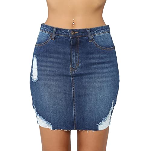 Women's Denim Skirt Women's Ripped Package Hip Skirt Denim Stretch Skirt Summer4