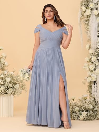 Women's Off Shoulder Bridesmaid Dress with Slit Pleated Chiffon V Neck A Line Formal Evening Dress2