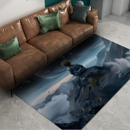 Tapis 180x270cm bleu espace planètes carpette lavable salon