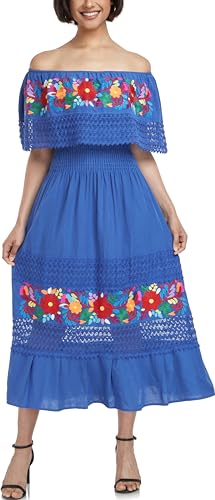 Image of YZXDORWJ Women Embroidered Mexican Peasant Casual Sexy Lace Off-Shoulder Long Dress