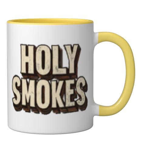 Cool Holy Smokes Statement Emblem Ceramic Mug, Yellow/White