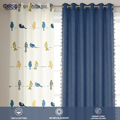 Image of Urban Space 100% Cotton Curtains for Door, Combo Set of 3 Curtains 8 feet Long, 60-65% Room Darkening Curtain, Tieback & Eyelets Included with Curtain for Home Decor (Humming Bird Blue, 8 Feet)