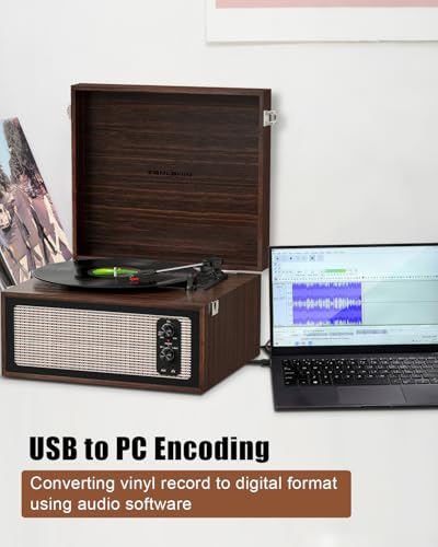 Image of Vintage Standing Vinyl Record Player with Detachable Legs, PC Recording, 3-Speed Belt Driven Bluetooth Turntable Built-in Stereo Speakers Use as Stand or Tabletop Player, Home Decor, Espresso