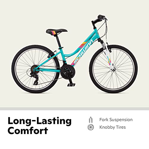 Image of Schwinn High Timber Mountain Bike for Youth Boys Girls, 24-Inch Wheels, 21-Speeds, Front Suspension, Steel Frame and Alloy Linear Pull Brakes, Teal