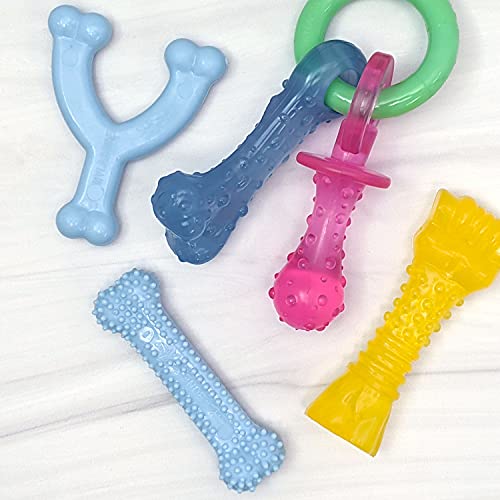 Image of Nylabone Puppy Chew Dog Toy Bundle, Blue, X-Small, 4 Count | Chicken & bacon flavor, variety of engaging shapes, soothing teething toys for puppies, puppy enrichment, up to 15 lbs