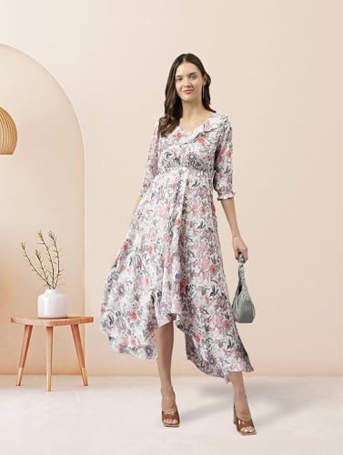 Image of KERI PERRY Women's White Rayon Floral Printed High Low Western Dress | Dress for Women | A line Dress | Summer Dress|Western Dress | Women Dress | Trendy Dress for Dress | Midi Dress