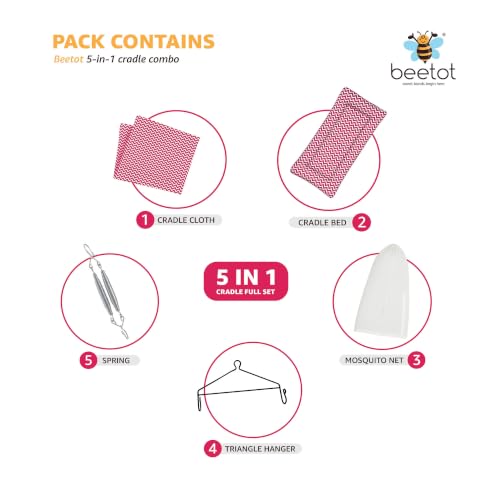 Image of Premium Swing Cradle Set | Cradle Cloth, Padded Bed, Mosquito Net, Heavy-Duty Spring & Triangle Hanger | Up to 15 kg | Red Stripes