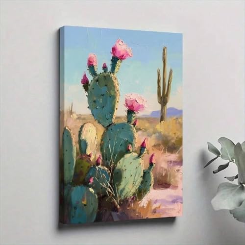 Peinture de cactus sur toile 60x90 cm grand format pour décoration murale de salon