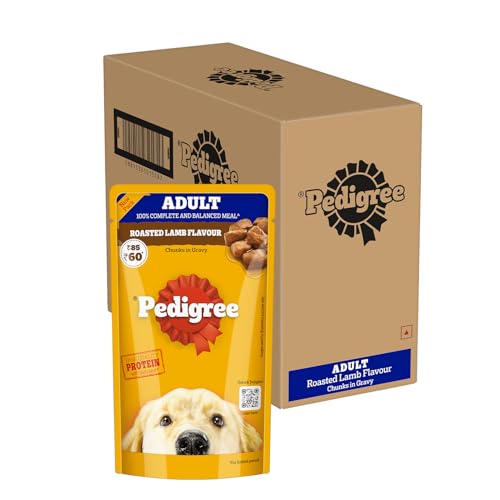 Pedigree Adult Wet Dog Food, Roasted Lamb Flavour Chunks in Gravy, 130 g (Pack of 12), Complete & Balanced Meal for Adult Dogs