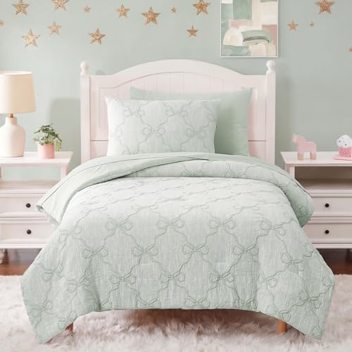 Image of Twin Comforter Set with Sheets for Girls-5 Pieces Bow Twin Bedding Sets | Soft Jacquard Bed Set with Light Green Comforter, Pillowcases & Shams, 66 inch X 86 inch