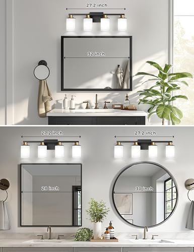 Image of DORESshop 4-Light Black and Gold Bathroom Light Fixtures Over Mirror with Milk Glass Shade, Modern Vanity Lights, ETL Listed