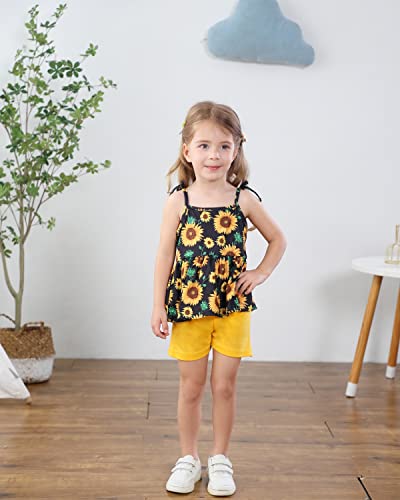 Image of Toddler Girls Summer Clothes Outfits Bow Shoulder Sleeveless Sunflower Shirt Tops and Shorts 2 Piece Sets
