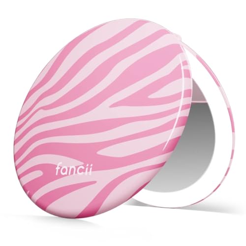 Image of Fancii Taylor LED Lighted Travel Makeup Mirror, Rechargeable, 10x /1x Magnifying, Tru-Glow Lighting System, XL Large 5 inch Wide | Compact Mirror for Purses (Blush Zebra)