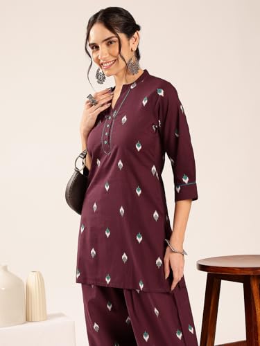 Image of Vbuyz Women's Printed & sequience work A-line Cotton Pink Kurta Pant With Dupatta