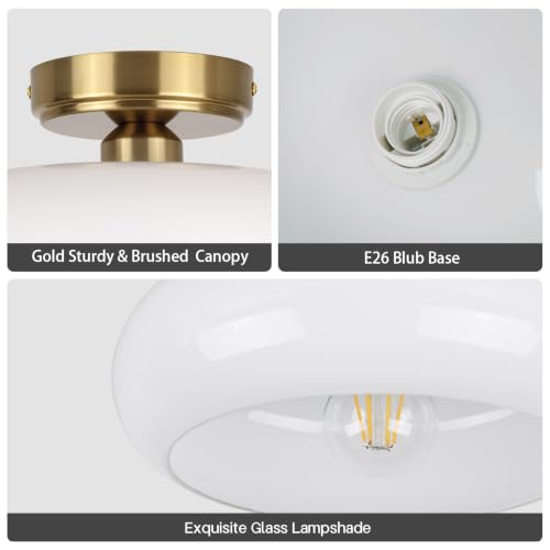 Image of Small Semi Flush Mount Ceiling Light Fixture, 11'' Vintage Mid-Century Gold with White Milk Glass Shade, Modern Farmhouse Lighting for Kitchen, Hallway, Bedroom, Foyer, Schoolhouse