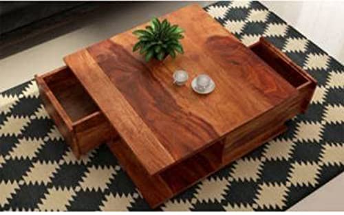 Image of Solid Sheesham Wood Coffee Table with 2 Storage Drawers | Pre-Assembled Wooden Centre Table for Living Room | Modern Sofa Tea Table | Handcrafted Teapoy in Honey Finish