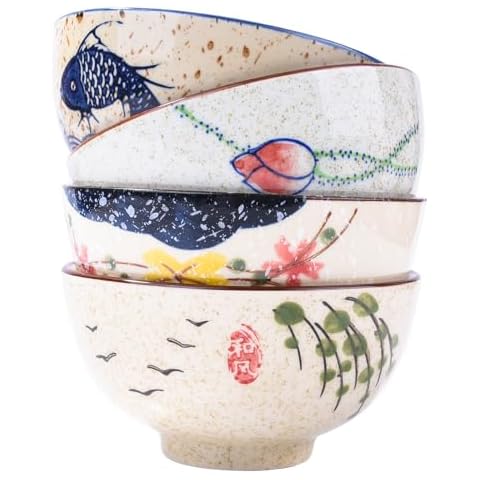 Whitenesser Japanese Rice Bowls Set of 4 Porcelain Small Bowls Set Asian Bowl Set for Cereal Soup Dessert Snack,Hand-painted Floral Cover