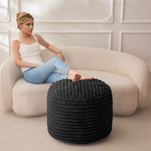 HIGOGOGO Round Stuffed Pouf Ottoman, Corduroy Poufs with High-Density Foam Filling, Furry and Fluffy Pouf Foot Stool Storage Ottoman, 20 X 15 Floor Poufs Foot Rest for Living Room, Black by HIGOGOGO - Image 6