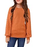 Hopeac Girls Chunky Sweater Hollow Out Knit Lightweight Winter Pullover Lantern Sleeve Tunic Tops Size 10-12 Orange