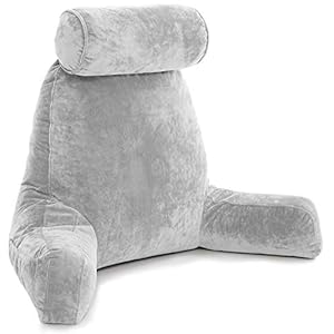 Husband Pillow XXL Light Grey Backrest with Arms – Adult Reading Pillow Shredded Memory Foam, Ultra-Comfy Removable Microplush Cover & Detachable Neck Roll, Unmatched Support Sit Up Bed Rest Chair