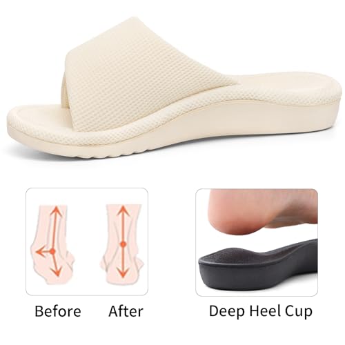 Image of shevalues Summer House Slippers for Women with Arch Support Breathable Waffle Cotton Indoor Slippers Slip on Open Toe Home Shoes