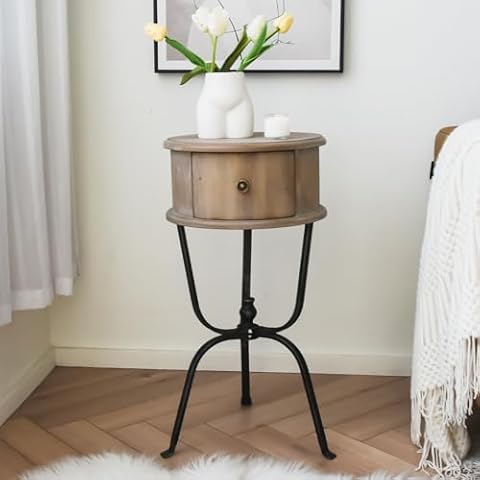 SAMGUYUE Round End Table with Drawer, Round Wood Nightstand with Drawer, Round Side Table with Metal Legs, Round Bedside Table for Living Room, Bedroom, Small Rooms (Wooden) Cover
