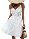 SheIn Damen A Linie Kleid Ohne Ärmel Spitzenkleid Partykleid Träger Cami Minikleid Elegant Swing Kleider Weiß L