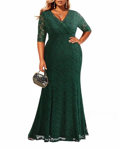 Image of Pinup Fashion Plus Size Formal Evening Dress Wedding Guest Bridal Gowns | Floral lace, wrap v-neck, 3 /4 sleeves, empire waist, mermaid floor length, side zipper
