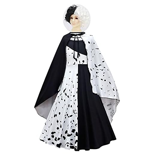 Cruella Deville Kostym flicka prinsessklänning svart dalmatiner med peruk för halloween kläder barn rock kappa, vit 2, 11–12 år