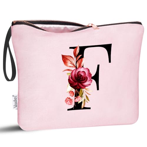 Image of Vavabox A-Z Personalized Makeup Bag, Birthday Gifts for Women Mom, Gifts for Best Friend, Bride Bridesmaid Cosmetic bag (F, Pink)