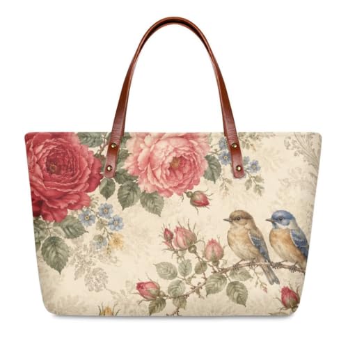 Sannovo American Robin Print Womens Tote Bag Peony Print Top Handle Handbag Hobo Purse Large Shoulder Bag for Travel, Beige