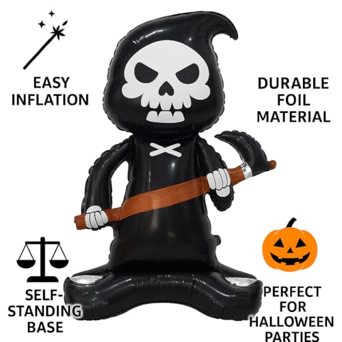 Image of AMFIN (Pack of 1) Self Standing 46 Inch Giant Grim Reaper Foil Balloon - Halloween Skeleton Balloon with Scythe | Oversized Scary Balloon for Haunted House- Black