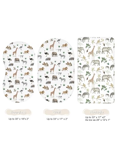 Image of Bassinet Sheets for Baby Girls Boys 2 Pack, Fitted Baby Mattress Sheet for Rectangle, Oval, Hourglass Bassinet Mattress, Breathable Cozy & Universal Fit (Jungle Journey, Bassinet Sheet)