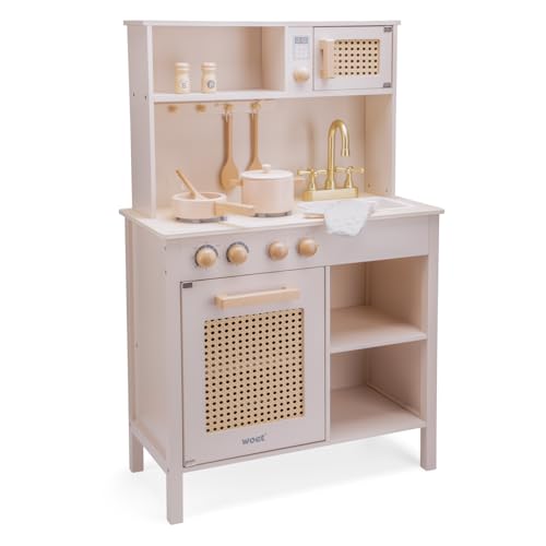 Woet® Cuisine Jouet Rose en Bois pour Enfants - Détails en Rotin et Accessoires - Set d’Imitation - À Partir de 3 Ans