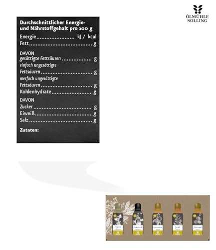 Ölmühle Solling Geschenkset NO. 2 kernige und nussige Öle, BIO - Arganöl geröstet, Kürbiskernöl geröstet, Pflaumenkernöl, Senföl, Walnussöl