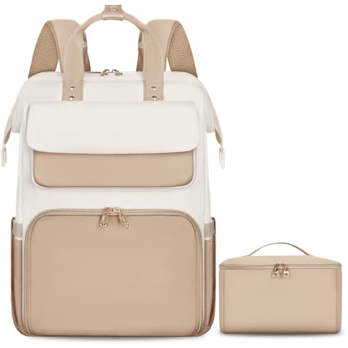 Image of BERTASCHE Lunch Backpack for Women, 15.6 Inch Laptop Backpack with Insulated Cooler Lunch box, Nurse Backpack for Teacher Work Travel College Picnic, Khaki-Beige