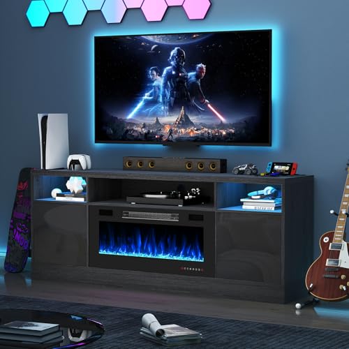 70 Inch Fireplace TV Stand for Living Room with 36" Electric Fireplace, Entertainment Center with Fireplace for TVs Up to 80", Media TV Console with 20 Color LED Storage Cabinets, Black/ Glo