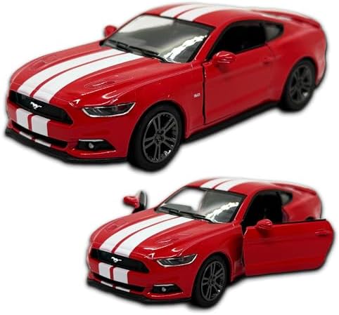 Miniatura de carro Ford Mustang Gt 2015 13 Cm, Em Metal, abertura de portas laterais, rodinhas em borracha com fricção, Carrinho de ferro em miniatura colecionável (Vermelho com faixas)