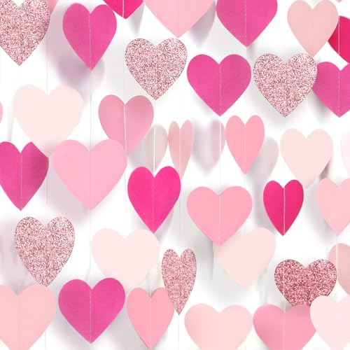 Image of Hot-Pink Rose-Gold Party Decorations Love Heart Garland - 39Ft Girls Birthday Hanging Paper Streamers Banner Wedding Baby Bridal Shower Graduation Bachelorette Engagement Mothers Day Decor