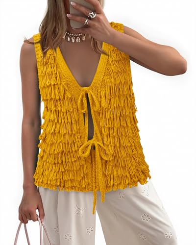 Image of Messic Fall Sweater Vest Oversized Sleeveless Sweater Tie Front Knit Tops