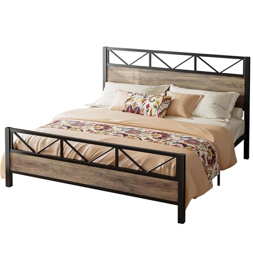 Image of LIKIMIO California King Bed Frame, Tall Industrial Headboard 51.1 inch, Platform Bed Frame with Strong Metal Support, Solid and Stable, Noise Free, No Box Spring Needed, Easy Assembly, Rustic Maple