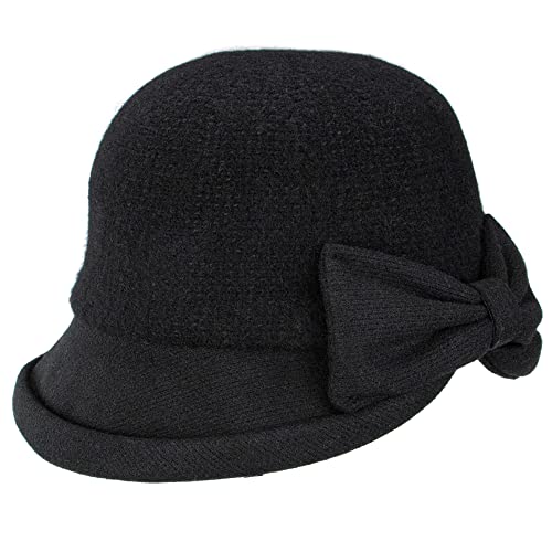 Womens 1920S Vintage Upturn Brim Wool Blend Cloche Church Hat Winter Felt Bucket Bowler Hat Crushable Foldable Black #TOP2